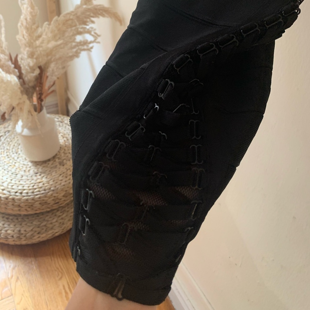 Black mesh and lace up Herve Leger dress